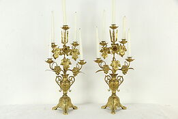 Victorian Pair of Antique Brass Candelabra, Cross & Grape Motifs #35039