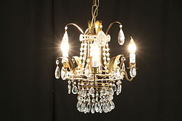 Three Candle Vintage Italian Gold Chandelier, Crystal Prisms and Beads #35326
