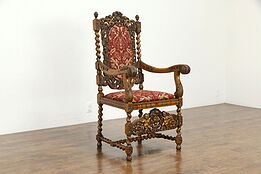 Throne or Antique Italian Hall Chair, Angels or Cherubs, New Upholstery #34486