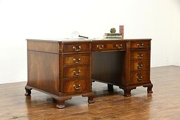 Traditional English Vintage Mahogany Partner Desk, Gold Tooled Leather #34927