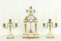 French Antique Onyx & Bronze Mantel Clock & Candelabra 3 Pc Set  #35300