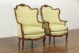 Pair of French Style Vintage Carved Music Room Wing Chairs #35642