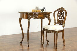 French Style Carved Fruitwood Vintage Kidney Desk & Chair Set, Majestic #35887