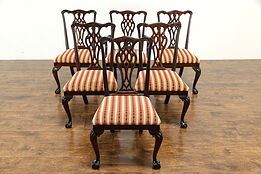 Set of 6 Georgian Chippendale 1930 Antique Dining Chairs, New Upholstery #34760