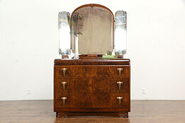 Art Deco Waterfall 1935 Vintage Dresser, Triple Mirror, Bakelite, Albert #35878