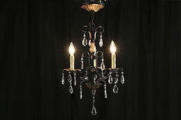 Wrought Iron 3 Candle Vintage Hand Painted Chandelier, Teardrop Prisms #35952