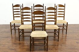 Set of 6 Farmhouse Oak Rush Seat Vintage Ladder Back Dining Chairs #36055