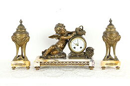 French 3 Pc Antique Marble Mantel Clock Set, Angel or Cherub Sculpture #35335