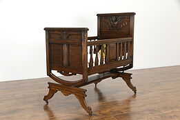 Victorian Antique Oak Baby Cradle, Crib or Bed, Carved Angel or Cherub #35826