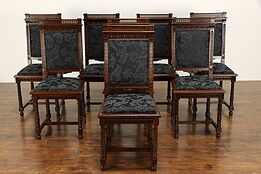 Renaissance Set of 8 Antique Italian Carved Dining Chairs, New Upholstery #36016