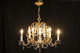 Gold Plated Vintage Brass Chandelier, 10 Candles, Strass Crystal Prisms #35679