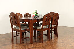 Art Deco Vintage Dining Set, Table Extends 8,' Newly Upholstered 6 Chairs #36046