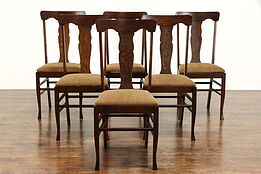 Set of 6 Solid Oak Antique Dining Chairs, New Upholstery #36053
