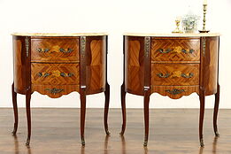 Pair of Demilune Marquetry Vintage End Tables or Nightstands Marble Tops  #35351