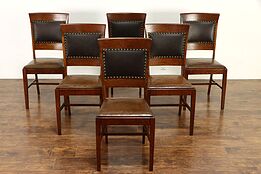Set of 6 Craftsman Antique Quarter Sawn Oak Dining Chairs, Leather, Dunn  #35933