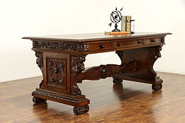 Renaissance Italian Antique Library Table, Office  Desk, Carved Faces #36017