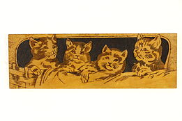Kittens in a Basket Antique Pyrographic Burnt Wood Plaque Flemish Art #36787