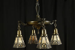 Brass Antique 1910 Chandelier, 4 Stained Glass Filigree Shades #36894