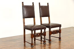 Renaissance Italian Antique Pair of Library or Office Chairs, Leather #37176