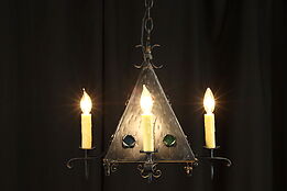 Arts & Crafts Wrought Iron Medieval Chandelier, Stained Glass #36672