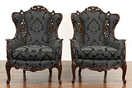 Pair of Vintage Wing Chairs, Carved Lovebirds & Angels, New Upholstery #36266