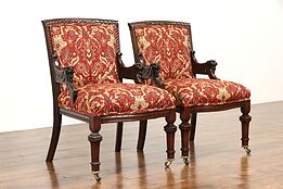 Pair of Renaissance Antique Mahogany Chairs, New Upholstery Carved Lions  #36527