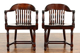 Pair of 1910 Antique Birch & Walnut Hardwood Office Banker or Desk Chairs #36668