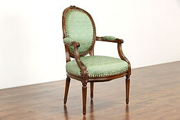 French Carved Oak Antique Armchair, Green Upholstery, Signed  #37293