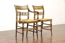 Pair of Federal Antique 1820 Hand Painted Rush Seat Chairs #36786