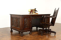 Oak Antique Renaissance Carved Library Office Desk & Chair Set, Lifetime #37541