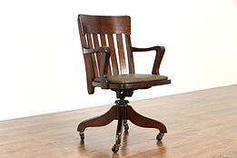 Oak Antique Swivel Adjustable Office Desk Chair, Leather, Herhold Chicago #36394