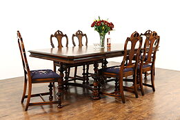 Tudor Carved Antique Walnut Dining Set, Table, 6 Chairs, Berkey & Gay #36513