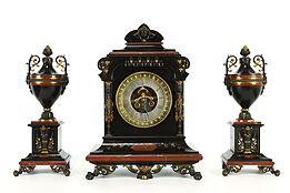Mantel Clock Set, French Antique Black & Red Marble, Gold Leaf, Lourdelet #37206