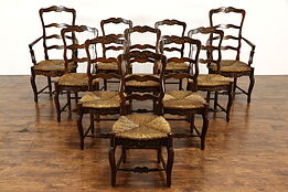 Farmhouse Set of 10 Country French Rush Seat Dining Chairs, Trouvailles #37272
