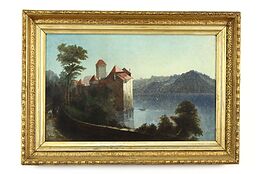 Castle & Lake Original Antique Oil Painting Hierschl-Minerbi 33 1/2" #37581