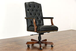 Tufted Leather Swivel &  Adjustable Vintage Office or Library Desk Chair #37978
