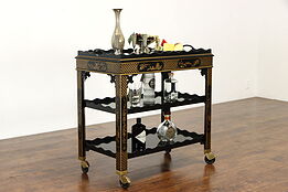 Hand Painted Lacquer Chinese Vintage Bar or Tea Cart, Glass Tray #36495