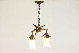 Flying Cherub or Angel Vintage Brass Chandelier, Crystal Prisms #38174