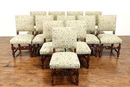 Set of 12 Antique Oak Dining Chairs, Carved Faces, New Upholstery  #38059