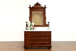 Italian Walnut Renaissance Victorian Chest, Dresser, Marble Top, Mirror #38409