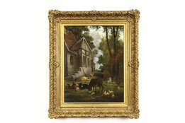 Anton Braith Original Oil Painting, German Farmhouse, Donkeys, Fowl, 30" #37885