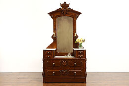 Victorian Renaissance Antique Walnut Marble Top Chest or Dresser & Mirror #37667