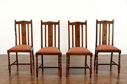 Set of 4 Antique English Oak Dining Chairs, Spiral Legs, New Upholstery #38330