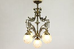 Brass & Nickel Antique 1910 Chandelier, 5 Cut  Glass Globes #38352