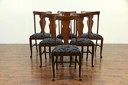 Set of 6 Antique Quarter Sawn Oak Dining Chairs, Paw Feet New Upholstery #38594