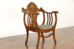 Victorian Antique Roman Style Oak Upholstered Hall Chair, Carved Face #38598