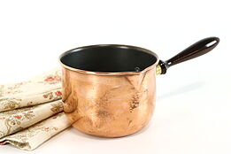 Copper Farmhouse Vintage Saucepan, Pot with Pour Lip, Wood Handle #37677
