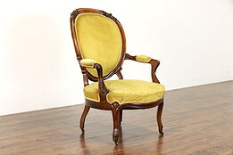 Victorian Antique 1860 Hand Carved Walnut Chair, Old Velvet Upholstery #38751
