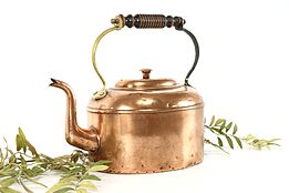 Copper Country Farmhouse Antique Oval Tea Kettle, Wood & Brass Handle #38588