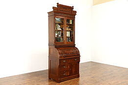 Victorian Eastlake Antique Walnut Cylinder Secretary Desk & Bookcase #34915